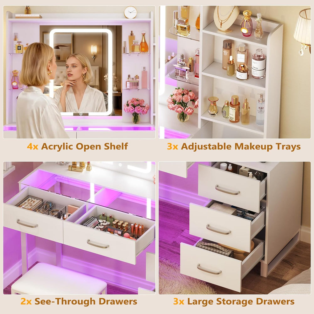 HUAHUU Vanity Desk with Mirror and Lights 3 Colors, 43.3" Makeup Vanity ...