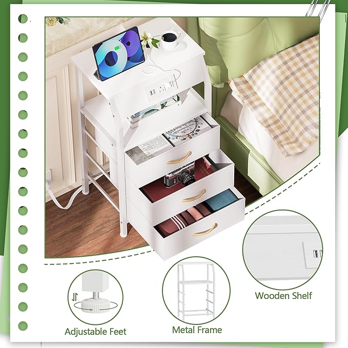 Furnulem Night Stand with Charging Station, 28.3 Inch Tall Bedside Table with...