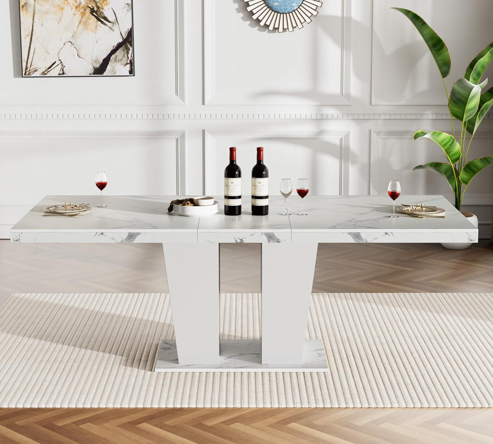White Faux Marble Dining Room Table Set for 4, 5-Piece 63"-78.74" E...