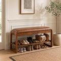 Shoe Storage Bench Shoe Rack Bench with Storage 2 Tier Wooden Shoe Rack | Solid wood shoe bench flip-top storage cushioned seat weight capacity of 550 lb side hooks walnut finish 39.4" W