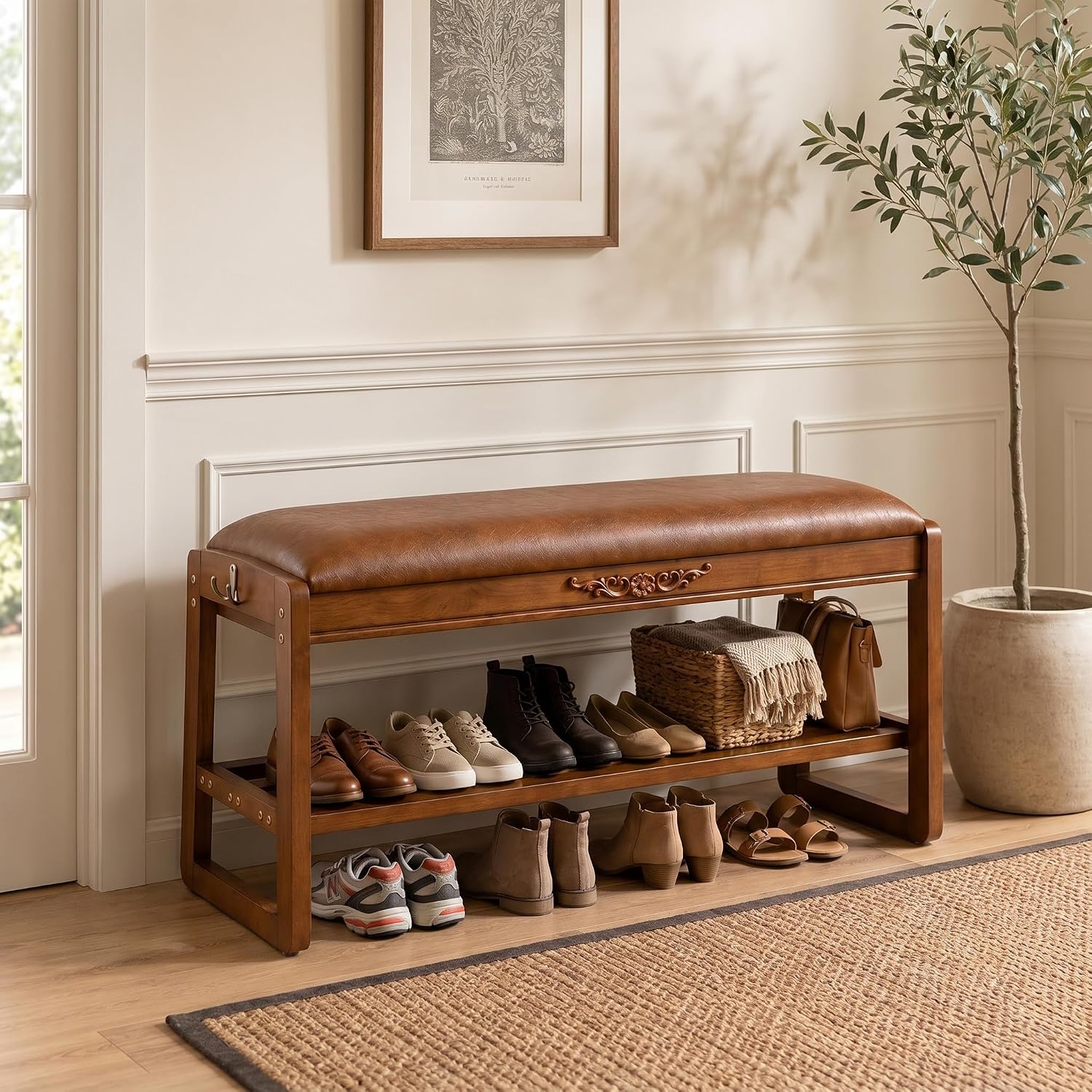 Shoe Storage Bench Shoe Rack Bench with Storage 2 Tier Wooden Shoe Rack | Solid wood shoe bench flip-top storage cushioned seat weight capacity of 550 lb side hooks walnut finish 39.4" W