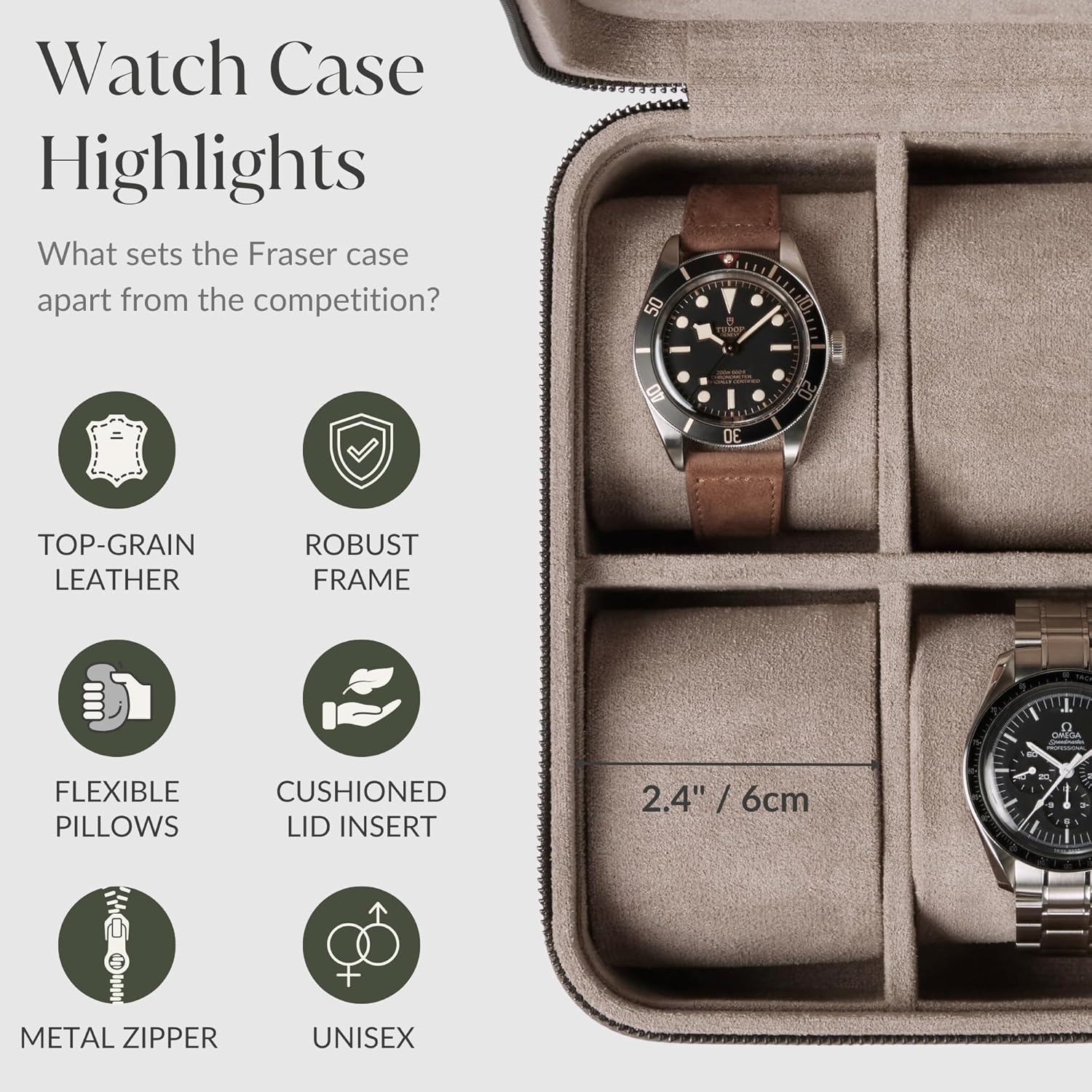 TAWBURY Watch Case - 8 Slot Genuine Top-Grain Leather Watch Box for Men & Women with Extra Wide Pillows for Large Watches - Portable Wristwatch Storage for Home & Travel (Taupe)