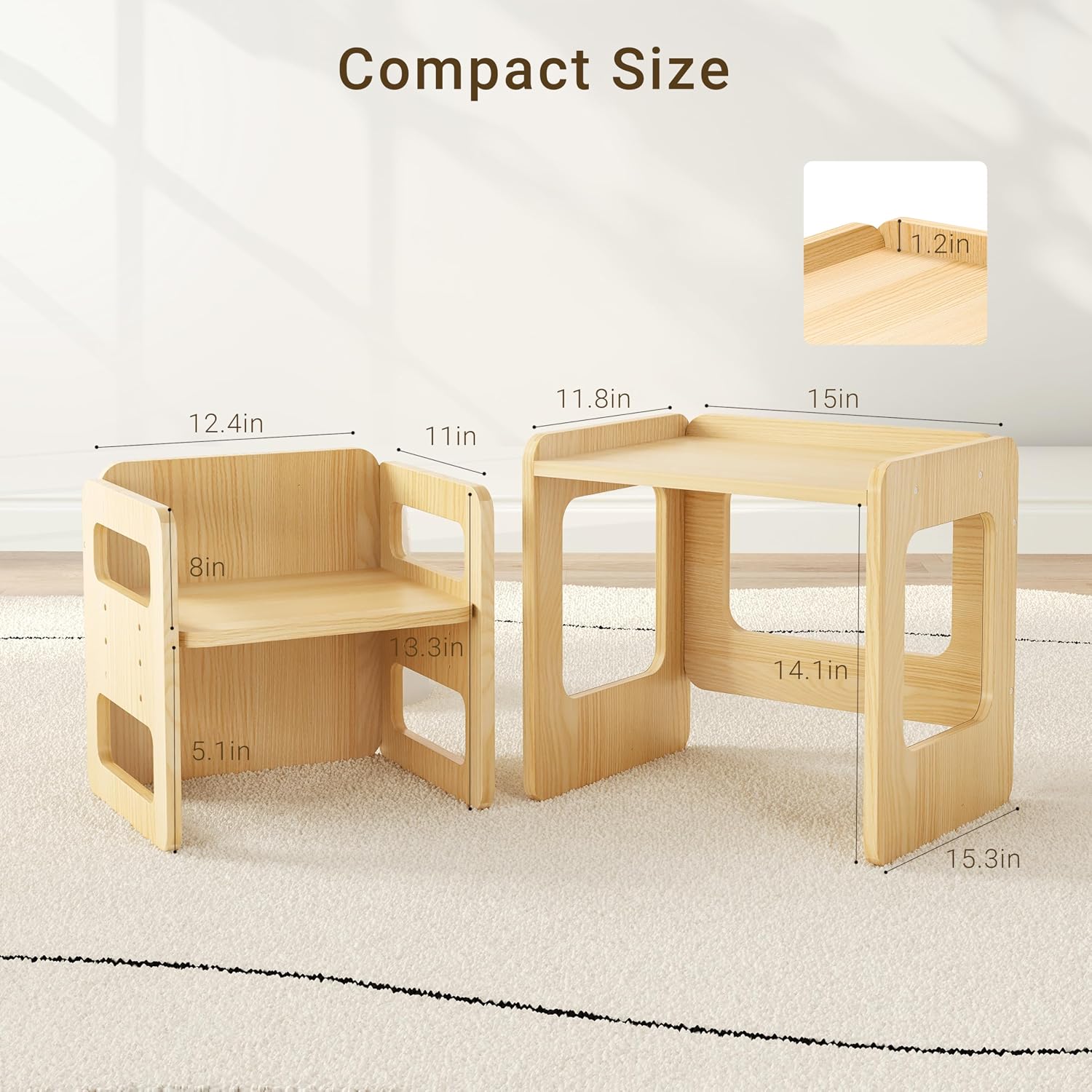 Tilhumt Montessori Weaning Table and Chair Set - 3 Adjustable Height | Kids Activity Table with Fence Wood Toddler Table and Chair Set for 1-3 Age Kids for Read, Playing, Eating, Step Stool