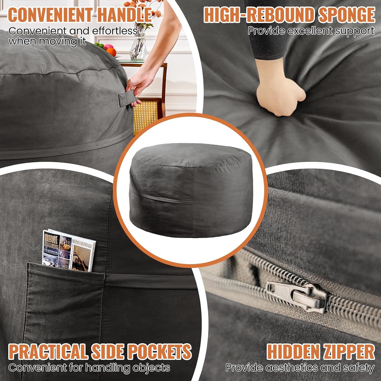 4FT Giant Bean Bag Chair for Adults and Teens - Large Bean Bag Sofa with Premium Velvet Cover & High-Density Support Foam - Fluffy Lounge Chair for Gaming, Bedroom, Dorm (Grey, Taller Version)