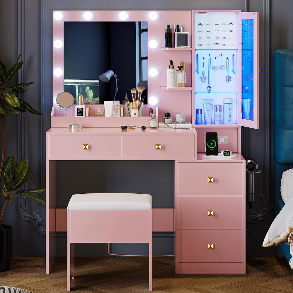 Vanity Desk with Mirror and Lights, Makeup Vanity Table Set with 5 Storage Dr...