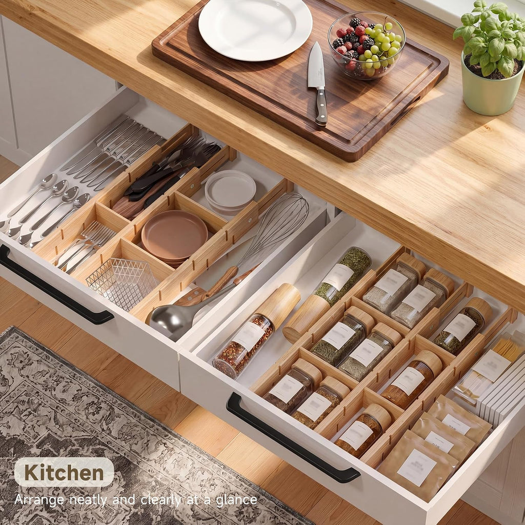 Bamboo Drawer Dividers, Expandable Kitchen Drawer Organizer | Include 6 Dividers, 6 Small Inserts and 6 Medium Inserts for Home, Office, Dressers