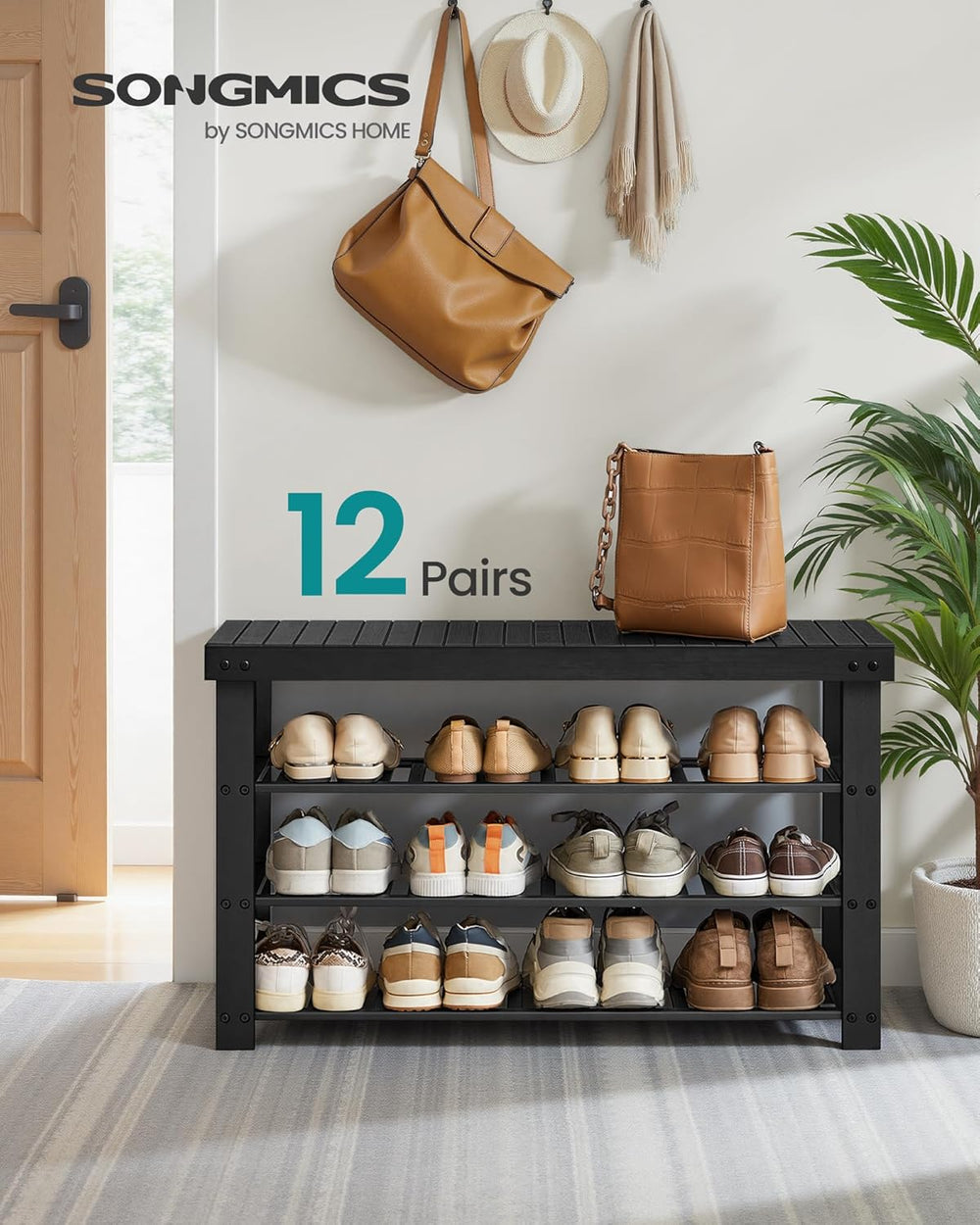 SONGMICS Shoe Rack Bench, 4 Tier Bamboo Shoe Storage Organizer, Entryway Benc...