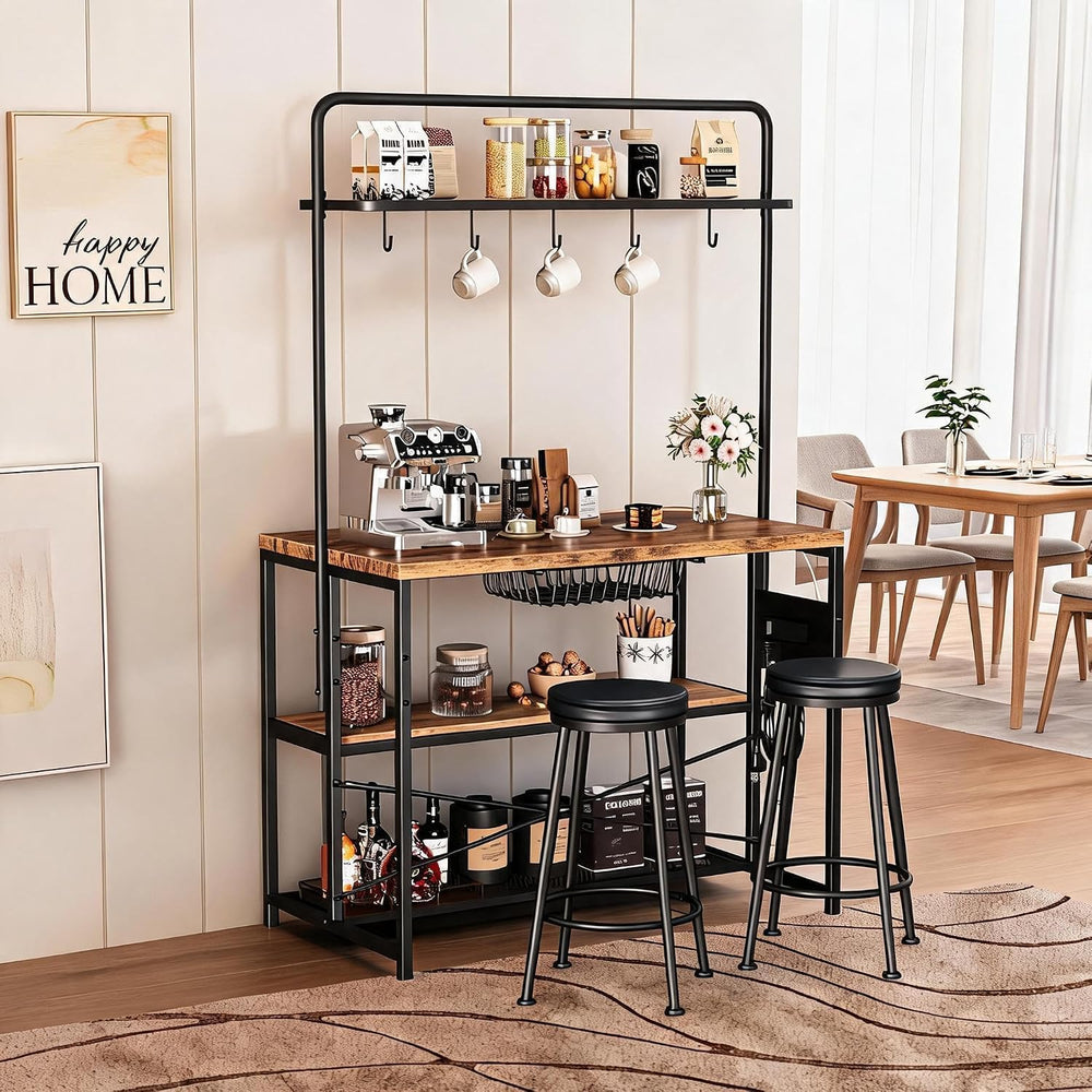 Garvee 3-Tier Small Kitchen Island with Power Outlet&2 Bar Stools, Vintag...