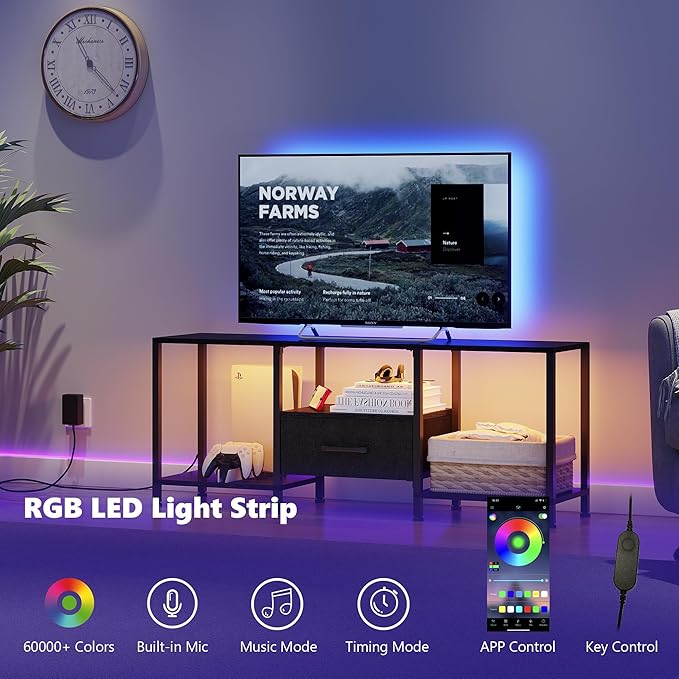 TV Stand with LED Lights, Entertainment Center with Open Shelves and Fabric D...