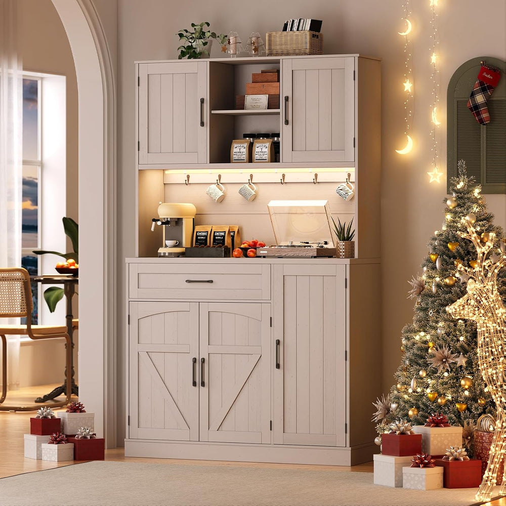 ONBRILL 71" Kitchen Pantry Storage Cabinet with LED Light/Outlet, Off-Wh...