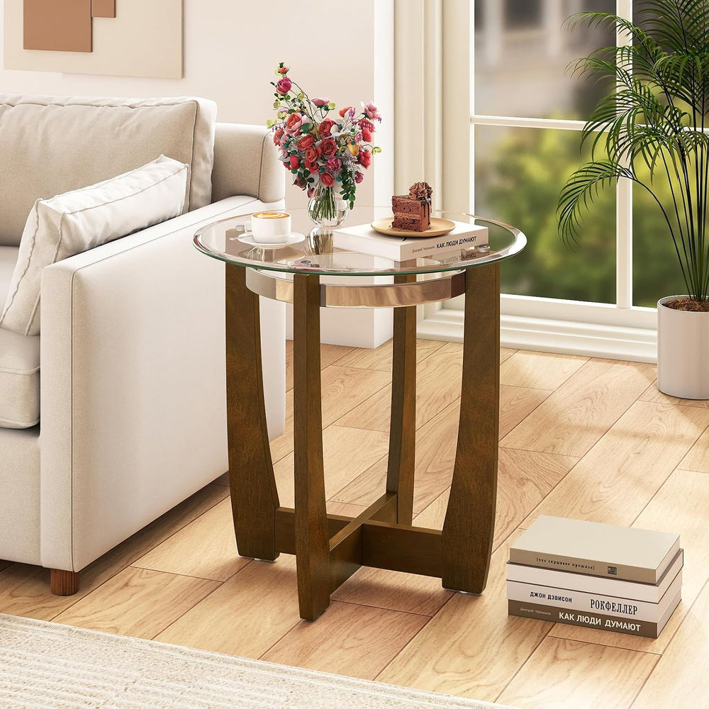 Giantex Round Glass End Table - 24’’ Side Table with Tempered Glass Top, Nigh...