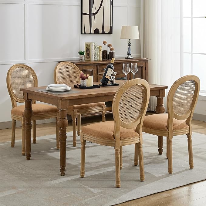 French Country Dining Chairs Set of 8, Caramel Kitchen & Dining Room Chairs Set of 8, Rattan Dining Chairs, Cane Back, Wood Legs, Sillas De Comedor (Rattan, Amber, 8Pcs)