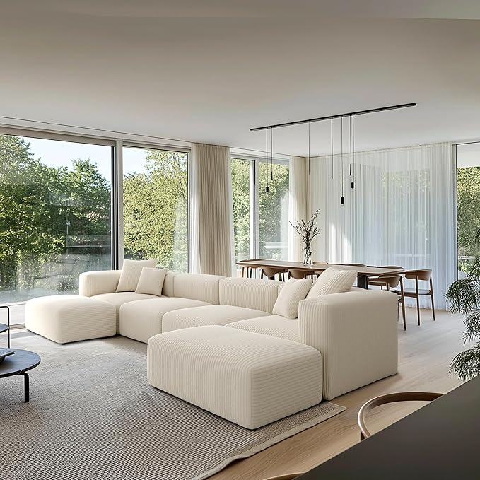 Acanva Convertible Modular Sectional Sofa with Movable Ottomans, Free Combination Corduroy Couch for Living Room Apartments, U-Shaped, White