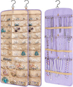 2 Pack Hanging Jewelry Organizer Storage with 39 Pockets, 30 Necklace Hooks Double Sided Wall Mount Earring Holder Organizer Bracelet Necklace Jewelry Display Hanger for Closet Door (Purple)
