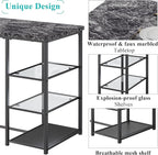 VECELO Small Bar Table and Chairs Set for 2, Upholstered Stools & Glass Storage Shelves, for Kitchen Dining Breakfast Nook, Space-Saving, Faux Marbled & Black