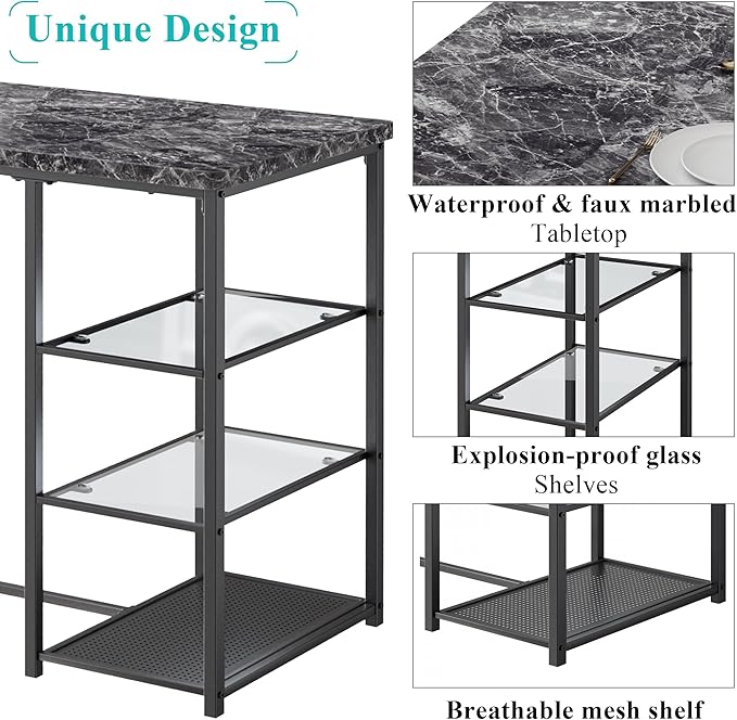 VECELO Small Bar Table and Chairs Set for 2, Upholstered Stools & Glass Storage Shelves, for Kitchen Dining Breakfast Nook, Space-Saving, Faux Marbled & Black