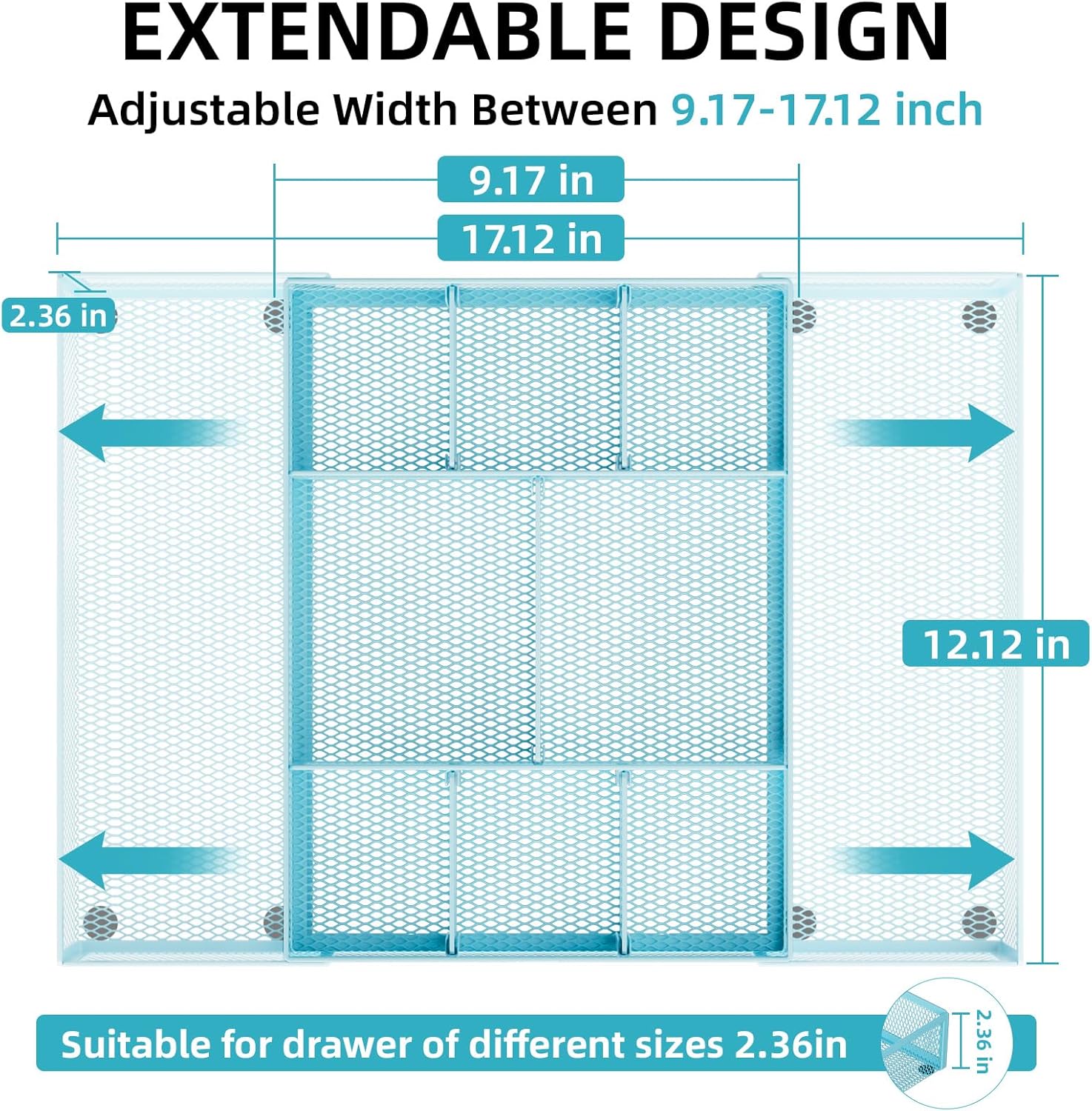Marbrasse Expandable Desk Drawer Organizer, Mesh Drawer Organizer Tray with 10 Adjustable Compartments, Desk Organizers and Accessories for Office Supplies, Makeup & Vanity (Expandable-Blue)