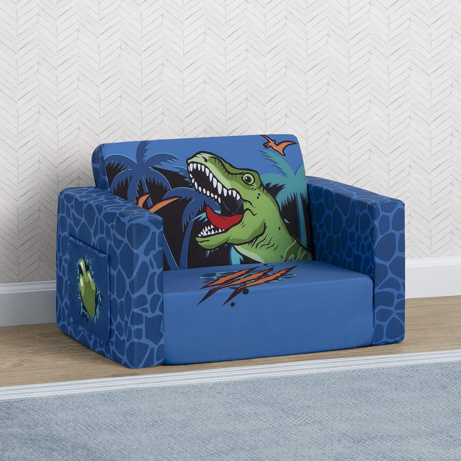 Delta Children Cozee Kids Couch 2-Seater Kids Sofa, Convertible 2-in-1 Flip Open Toddler Couch Sleeper, Foam Chair for Playroom & Bedroom, Bed Lounger, Comfy Play Sleeping Lounge Chair, Dinosaur