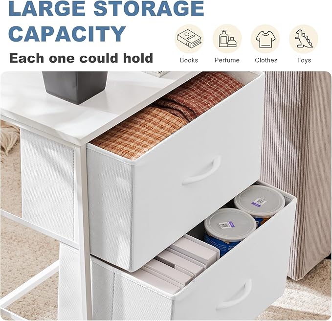 DUMOS Nightstand Small Dresser with 2 Fabric Drawers Side Tables Bedroom End Table Kids Bedside Storage Furniture for 20 inch Tall Night Stand for Closet, Entryway, College Dorm, White(2 Pack)