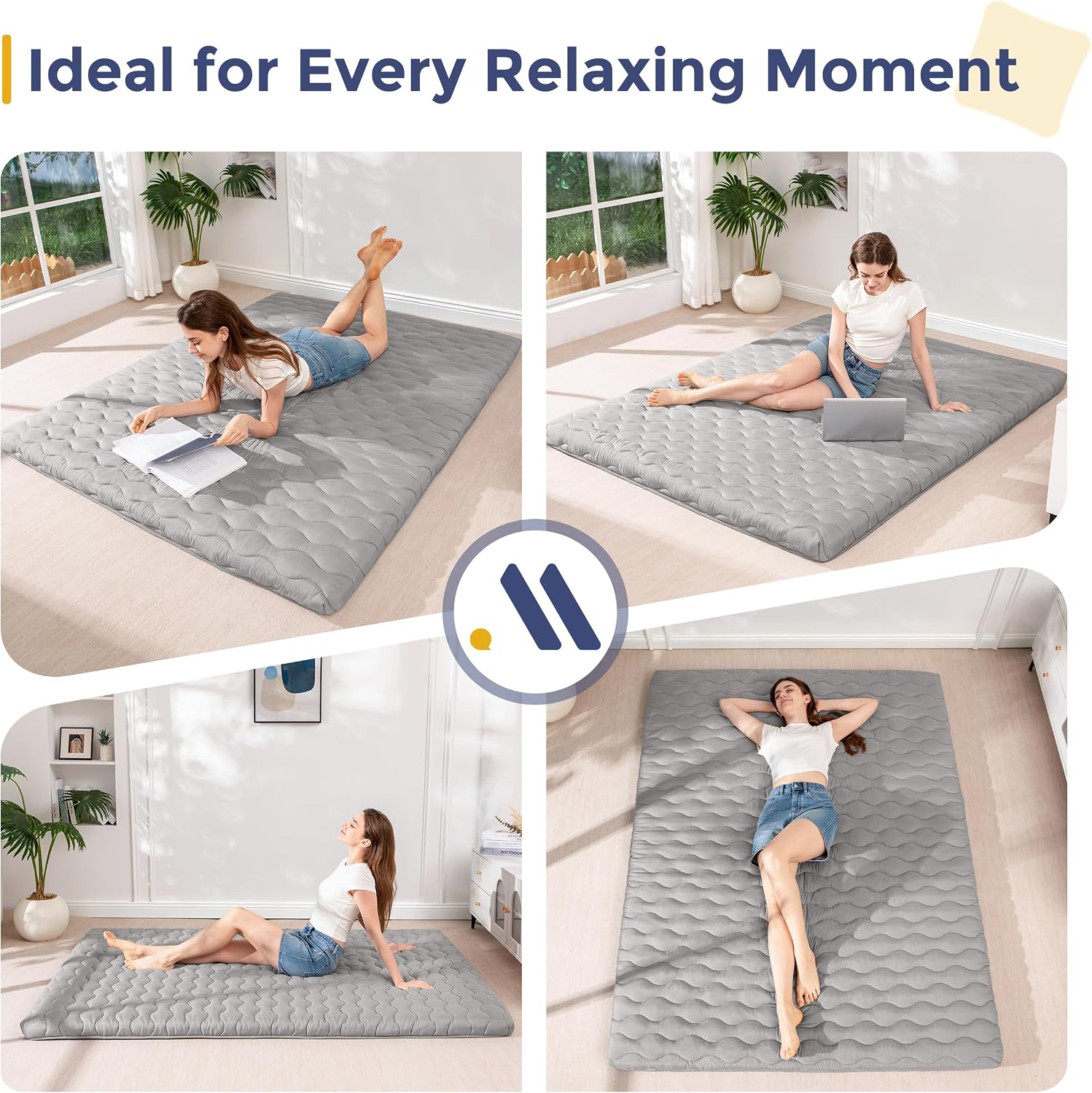 MAXYOYO Japanese Floor Futon Mattress Twin Size, 3" Thicken Tatami Sleeping Pad Foldable Roll Up Mattress, Portable Floor Mattress Pad for Adults, Guest Room, Camping, Grey