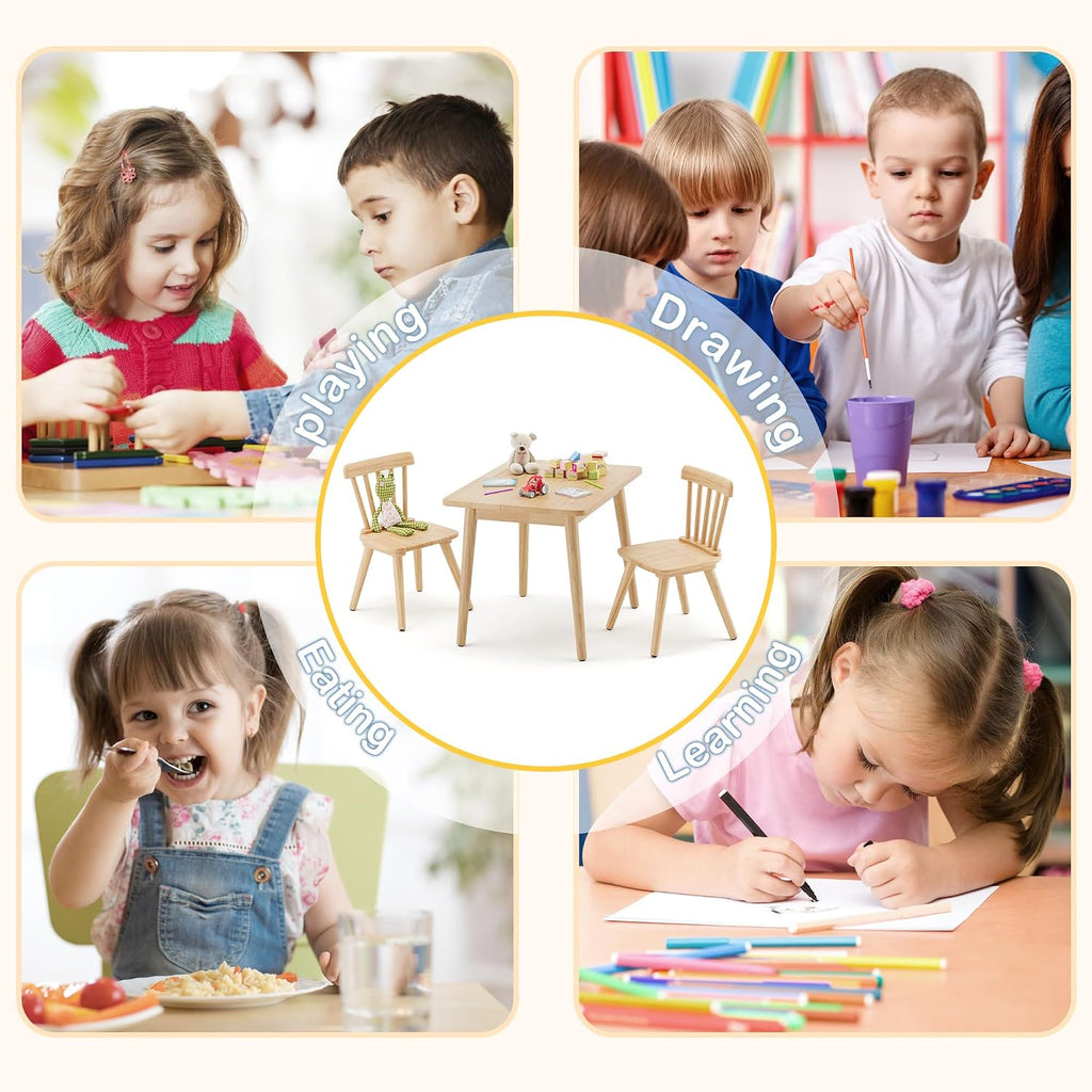 Curipeer Windsor Kids Table and 2 Chair Set, Rubberwood Children Toddler Table and Chair Set with Non-Slip Legs/Round Edge Design for Art, Play, Craft, Activity, Natural Wood