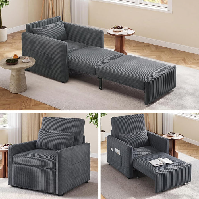 Ahomly 3 in 1 Pull Out Sleeper Chair, 75.2” Corduroy Single Sofa, Dark Gray