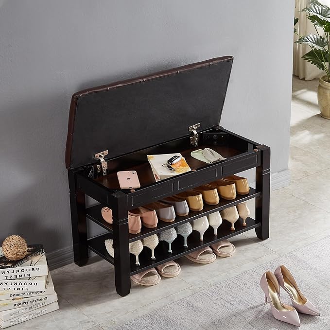Shoe Storage Bench, Entryway Shoe Rack with Fiberleather Seat 2-Tier Lift Top...