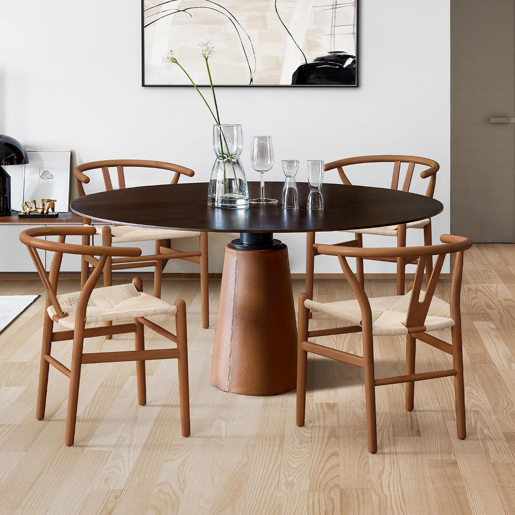 LUE BONA Solid Wood Wishbone Dining Chair Set of 2, Mid Century Modern Y-Shaped Backrest Dining Room Chairs, Fully Assembled Handwoven Seat, Light Brown