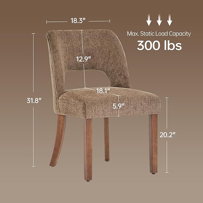keoni Wooden Dining Chairs Set of 2, Mid Century Modern Upholstered Dining Room Chairs with Rubberwood Legs, Fabric Farmhouse Kitchen Chairs with Foot Pegs for Dining Room, Dark Brown