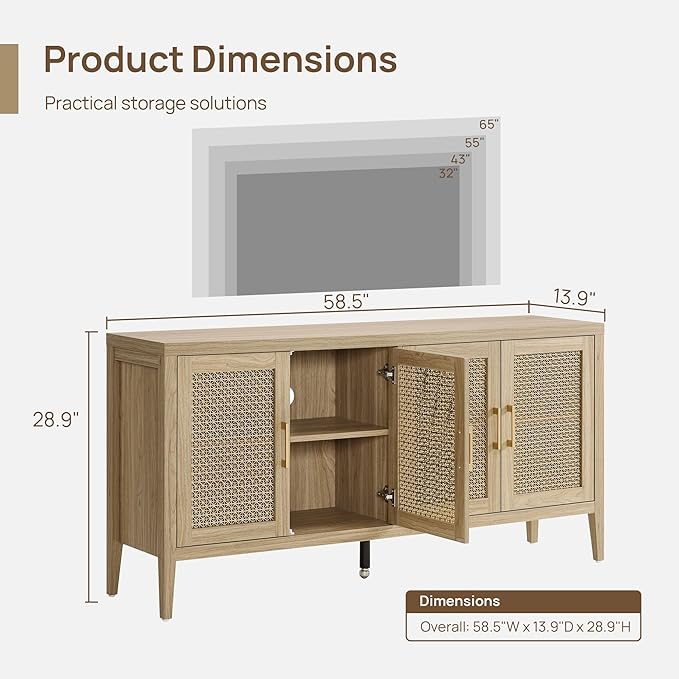 SICOTAS TV Stands for Living Room Bedroom - Farmhouse Entertainment Center TV Console with 4 Doors Cabinet, 59" Television Stands Media Console Credenza for 45 50 55 60 65 Inch TVs, Light Walnut
