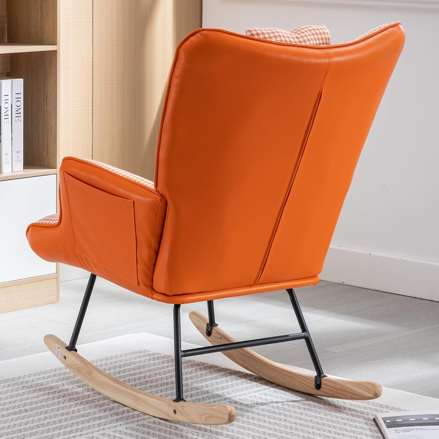 35.5” Nursery Rocking Chair Cotton Linen Upholstered Glider Chair with High Backrest Armchair for Living Room Bedroom Orange