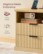VASAGLE MAXE Collection - Set of 2 Nightstands with Charging Station, Bedside Table, Side End Table with 2 Drawers, Open Shelf, 2 AC Outlets, 2 USB Ports, Transitional, Bedroom, Oak Beige ULET926Y01