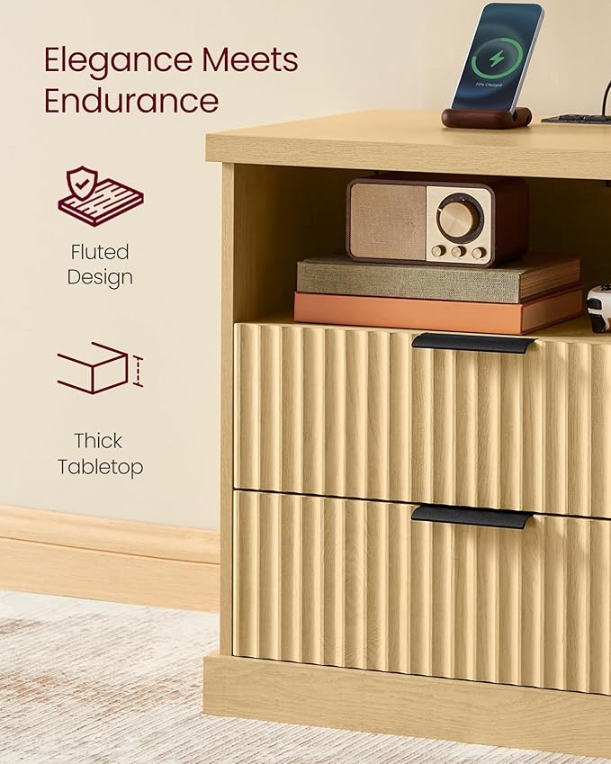 VASAGLE MAXE Collection - Nightstand with Charging Station, Bedside Table, Si...