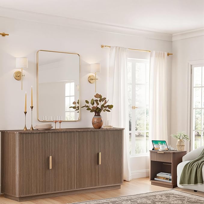 win2win 63" Fluted Sideboard Buffet Cabinet with Faux Marble Top, Mid Century Modern Credenza with Storage, Wood Media TV Console Accent Cabinet for Living Room Kitchen Hallway, Walnut