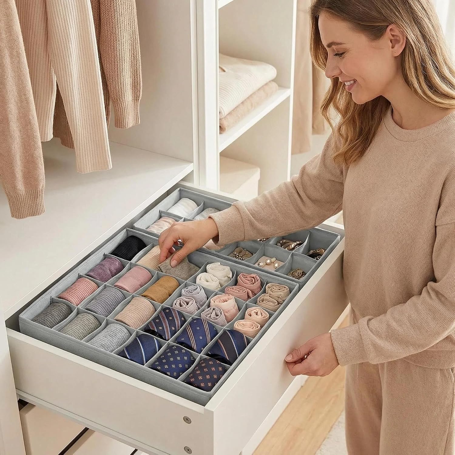 Underwear Sock Organizer, 24-Cell Foldable Drawer Divider & Closet Storage Box with Zipper, Strong Fabric for Underwear, Bras, Accessories, Wardrobe & Travel (Grey)