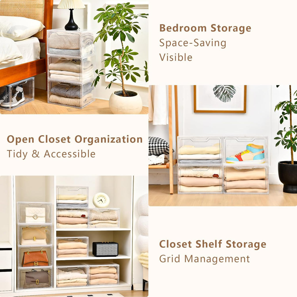 Closet Organizers and Storage, Acrylic Clear Plastic Storage Bins with Magnetic Door, 8 Pack Storage Containers for Clothes Home Organization Purse Bag Cabinet Display Closet Organizer System