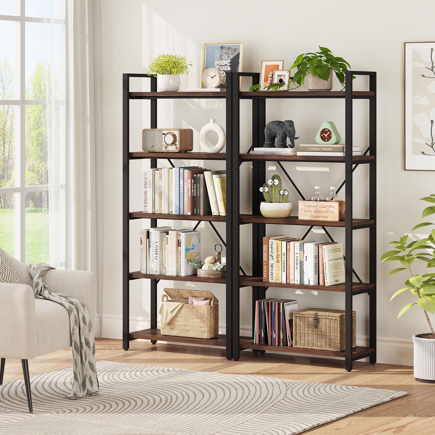 5 Tier Industrial Bookshelf, Rustic Etagere Bookcase for Display, Vintage Shelving Unit Wood and Metal Tall Book Shelves for Home Office (Dark Walnut)