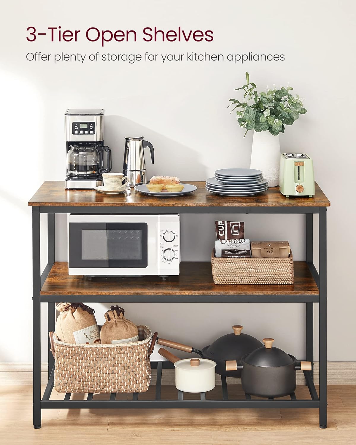 VASAGLE Kitchen Island with 3 Shelves, 47.2 Inches Width Kitchen Shelf with Large Worktop, Stable Steel Structure, Industrial, Easy to Assemble, Rustic Brown and Black UKKI01BX