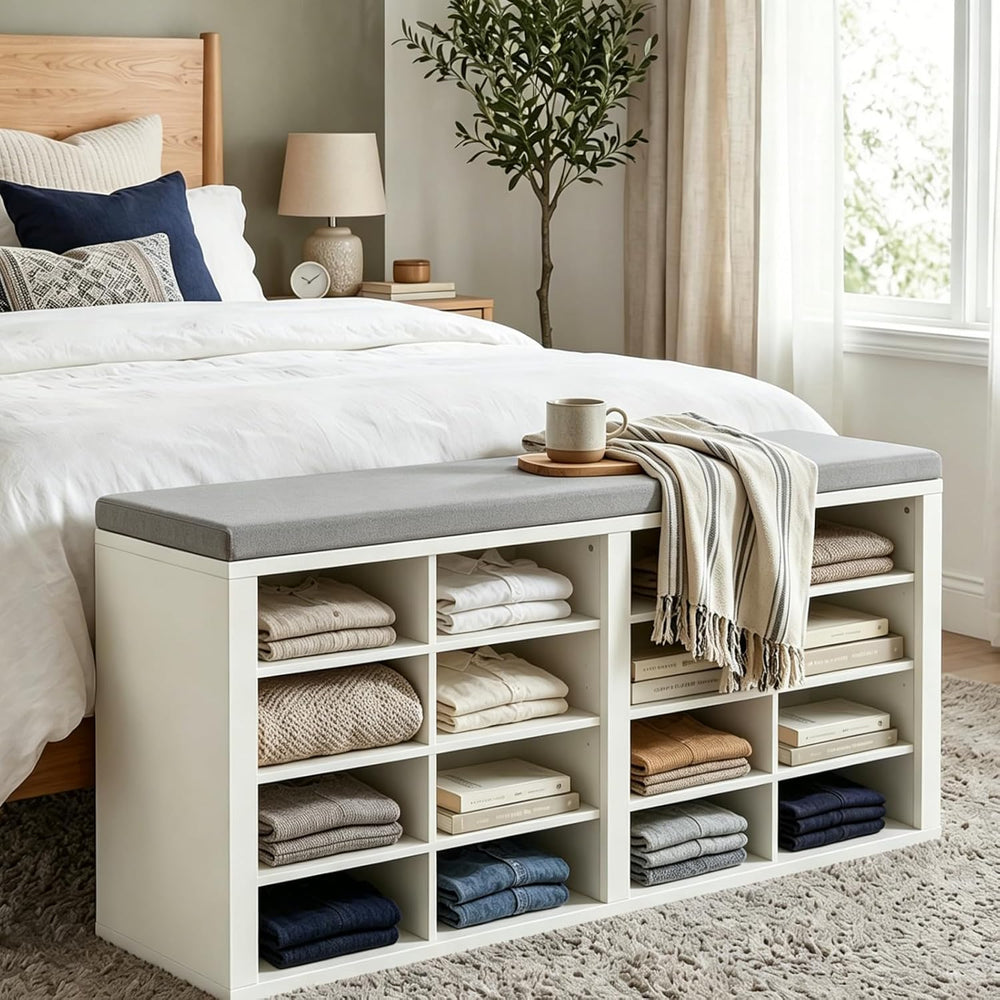 Shoe Rack Bench, Shoe Storage Bench with Cushion, Shoe Organizer 16 Cubbies f...