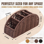 5-Compartment Remote Control Holder – Synthetic Rattan Organizer for TV Remotes, Makeup Brushes, Office Supplies, Stylish Wicker Desk Caddy for Living Room, Bedroom, Office, Patent Pending (Brown)