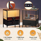 WLIVE LED Night Stand, Nightstand with Charging Station, Small Bed Side Table with Fabric Drawer and Open Shelves, Tall End Table with USB Ports & Outlets, Black and Rustic Brown