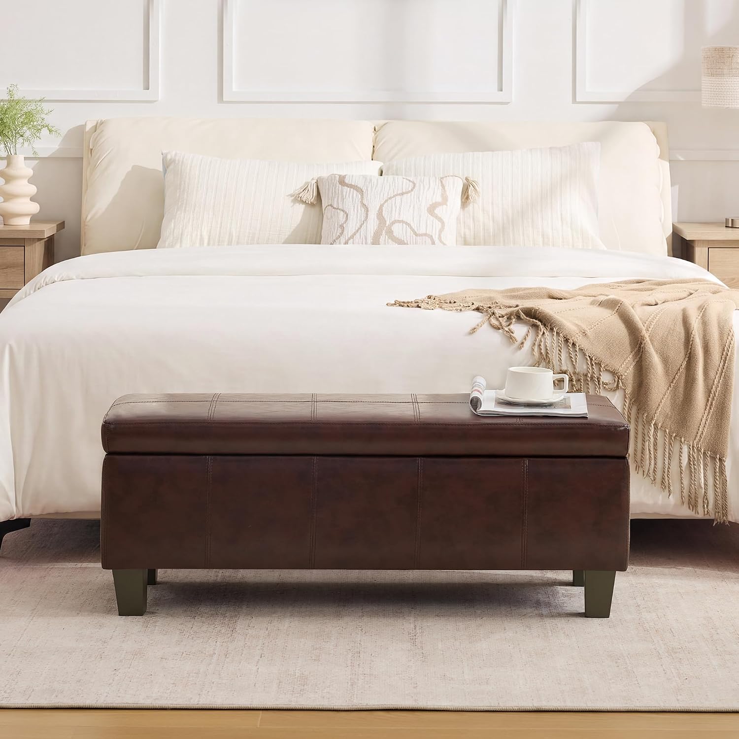 41" Storage Ottoman, Storage Bench with Safety Hinge, Upholstered Synthetic Leather Ottoman Bench for Bedroom, Living Room, Entryway, Hallway, Foot Rest, Support 500lbs