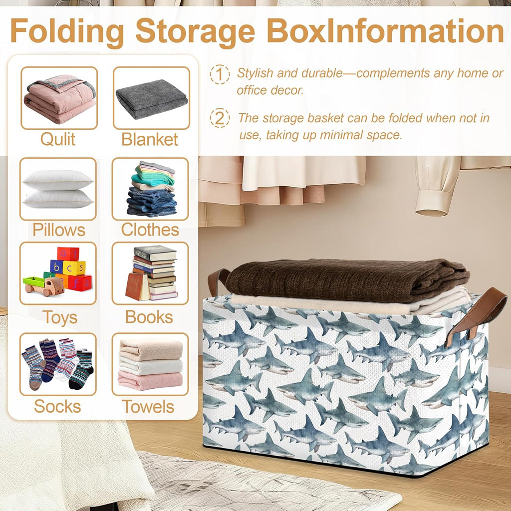 Sharks Storage Bin with Handles, Basket Storage Organizer for Shelves, Closet, Nursery, Book, Laundry Hamper & Home Decor