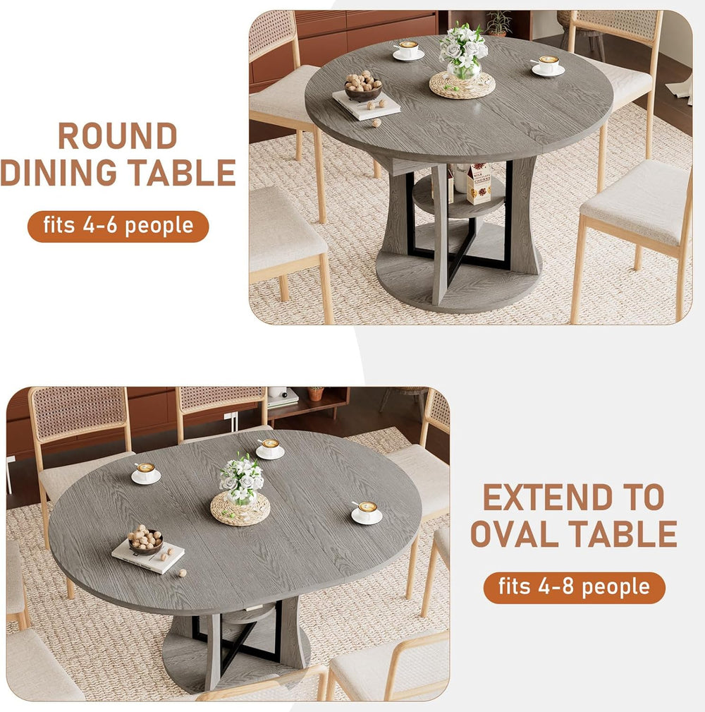 Extendable Round Dining Table for 4-6-8, 43.3-59in Expandable Kitchen Table w...