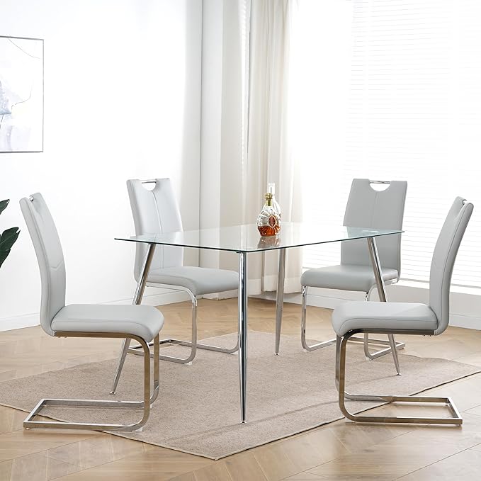 Goujxcy Dining Chairs Set of 2, Modern High Back Kitchen Chairs with Metal Legs and Faux Leather Padded Seat Upholstered Dining Chairs for Dining & Kitchen,Living Room (Light Gray&Silver, Set of 2)