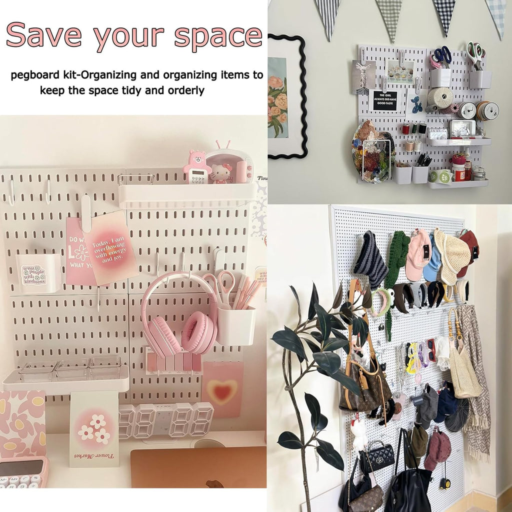 PSLER 4PCS Pegboard Wall Organizer White Peg Boards for Desk, Office & Gaming Setup Space-Saving Peg Board Kit with Hooks for Keys, Storage Box, Partition