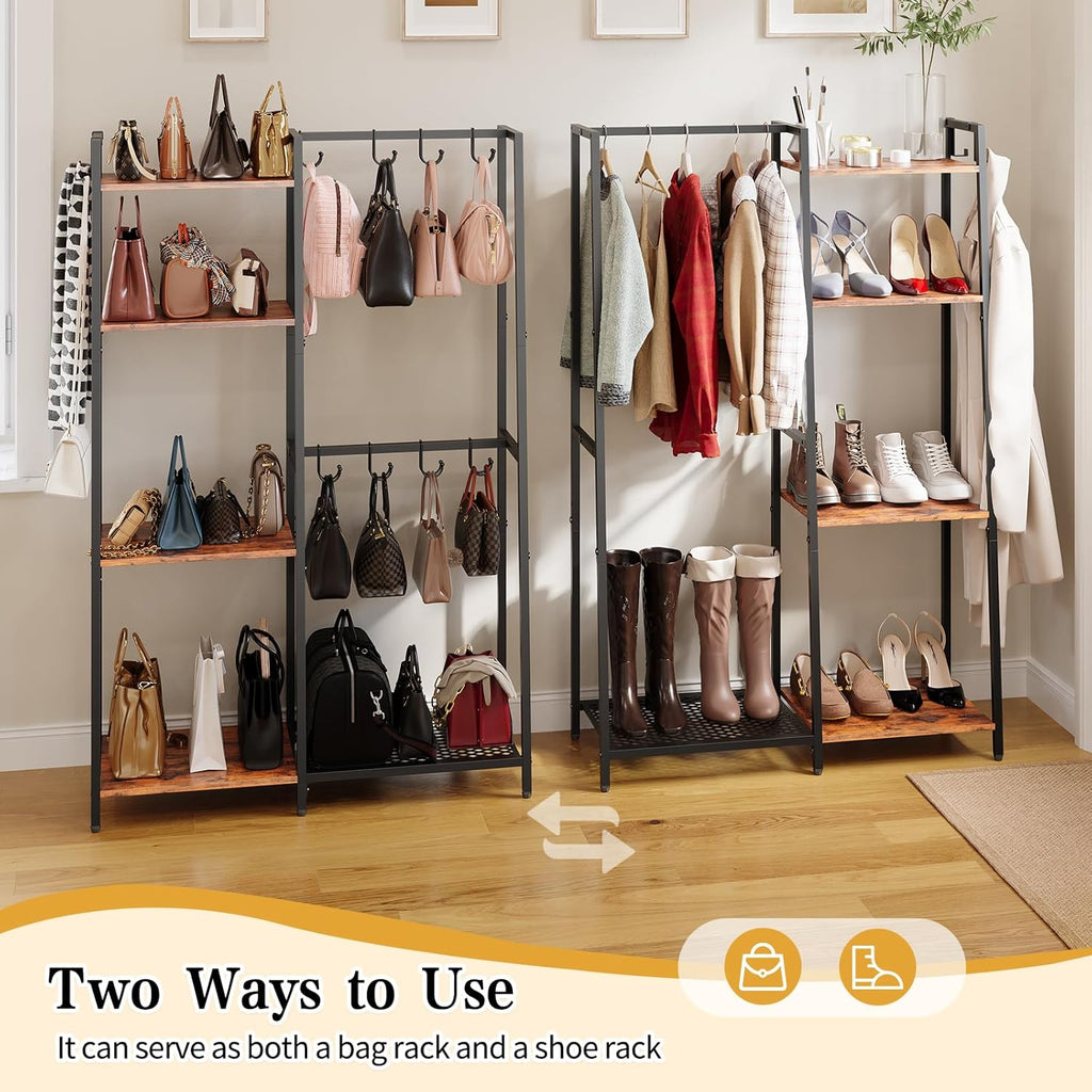 Purse Storage Organizer for Closet, 4-Tier Iron Wood Purse Rack, 8 Purse Hooks & 2 Side Hooks for Bag Organizer, Large Capacity Handbag Storage Rack for Home, Living Room