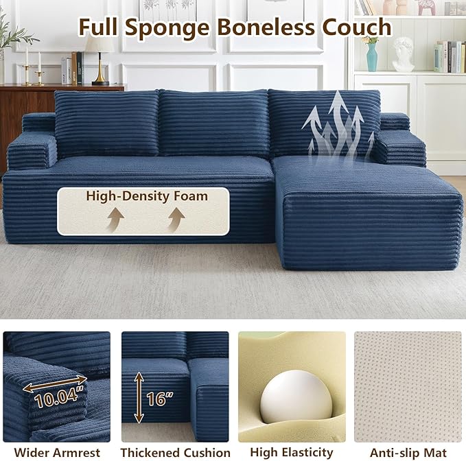 96.1" Modular Sectional Sofa Couches L-Shape Couch 3 Seat Modular Sofa Corduroy Memory Foam Sectional Boneless Couches for Living Room, Cloud Couch with Oversized Chaise(Blue, Right Facing)