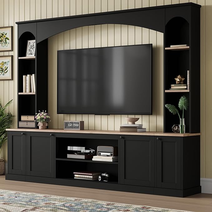 Ball & Cast 91" Arched Entertainment Center Wall Unit with Bookshelf, Farmhouse Large TV Stand with Wood Grain for TVs Up to 70", Media TV Console with Adjustable Shelves for Living Room,Black