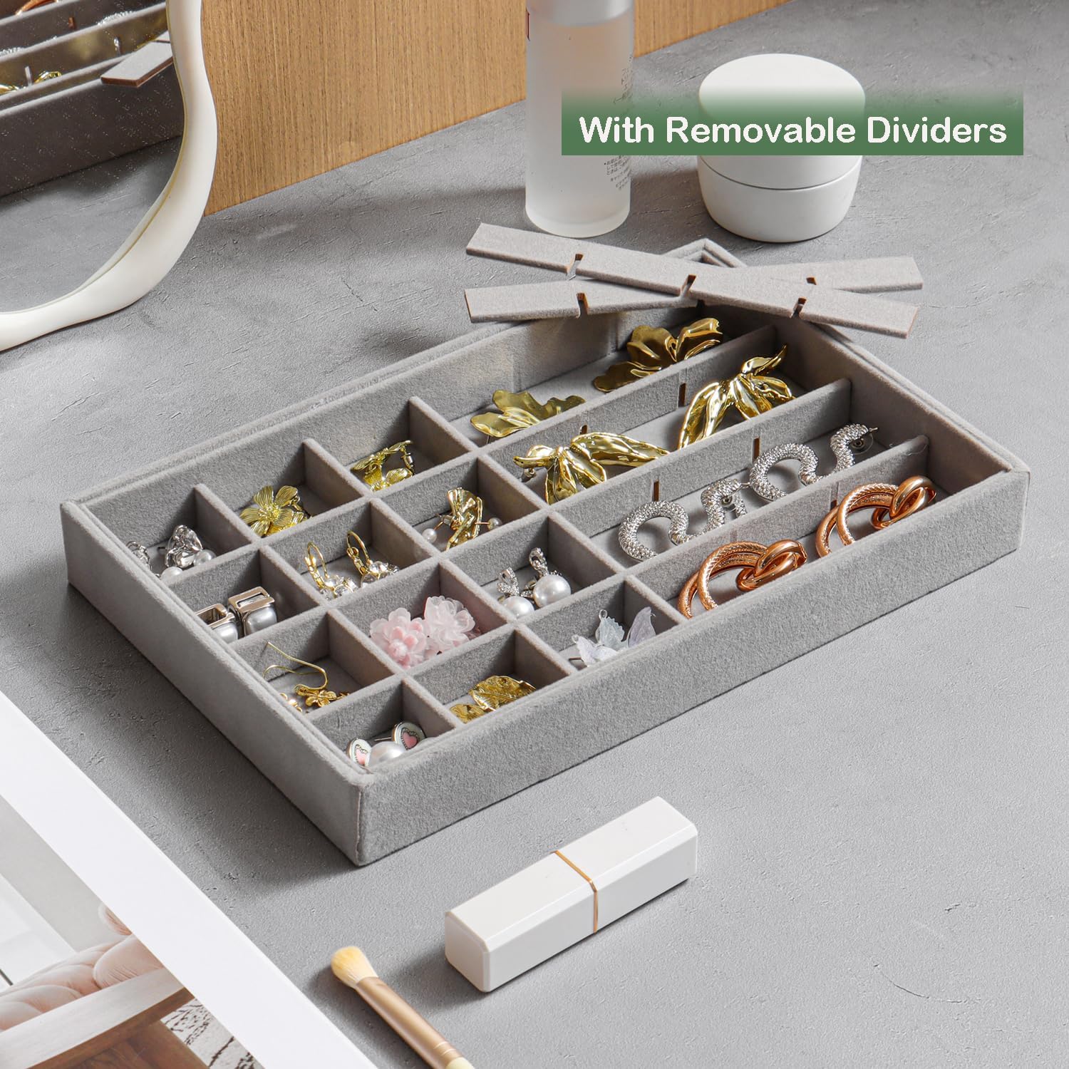 Jewelry Drawer Organizer, 4 Set of Stackable Jewelry Trays for Drawer Inserts Velvet Organizers and Display Storage for Earring Necklace Rings Bracelets (Gray)